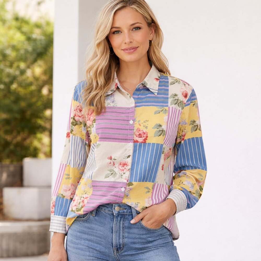 Vintage 90s Patchwork Print Floral Stripe Blouse Hunt Club Size 14 Cottage Core